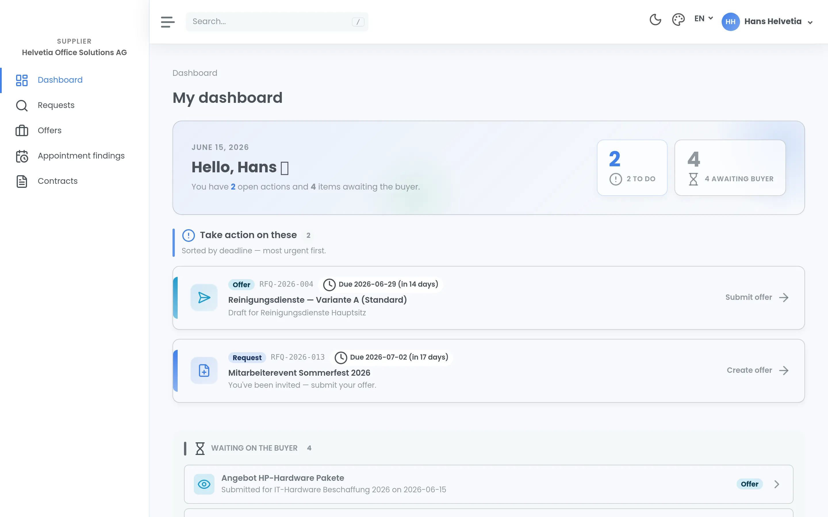 The supplier portal dashboard: two open tasks with their deadlines, and the offers waiting on procurement.