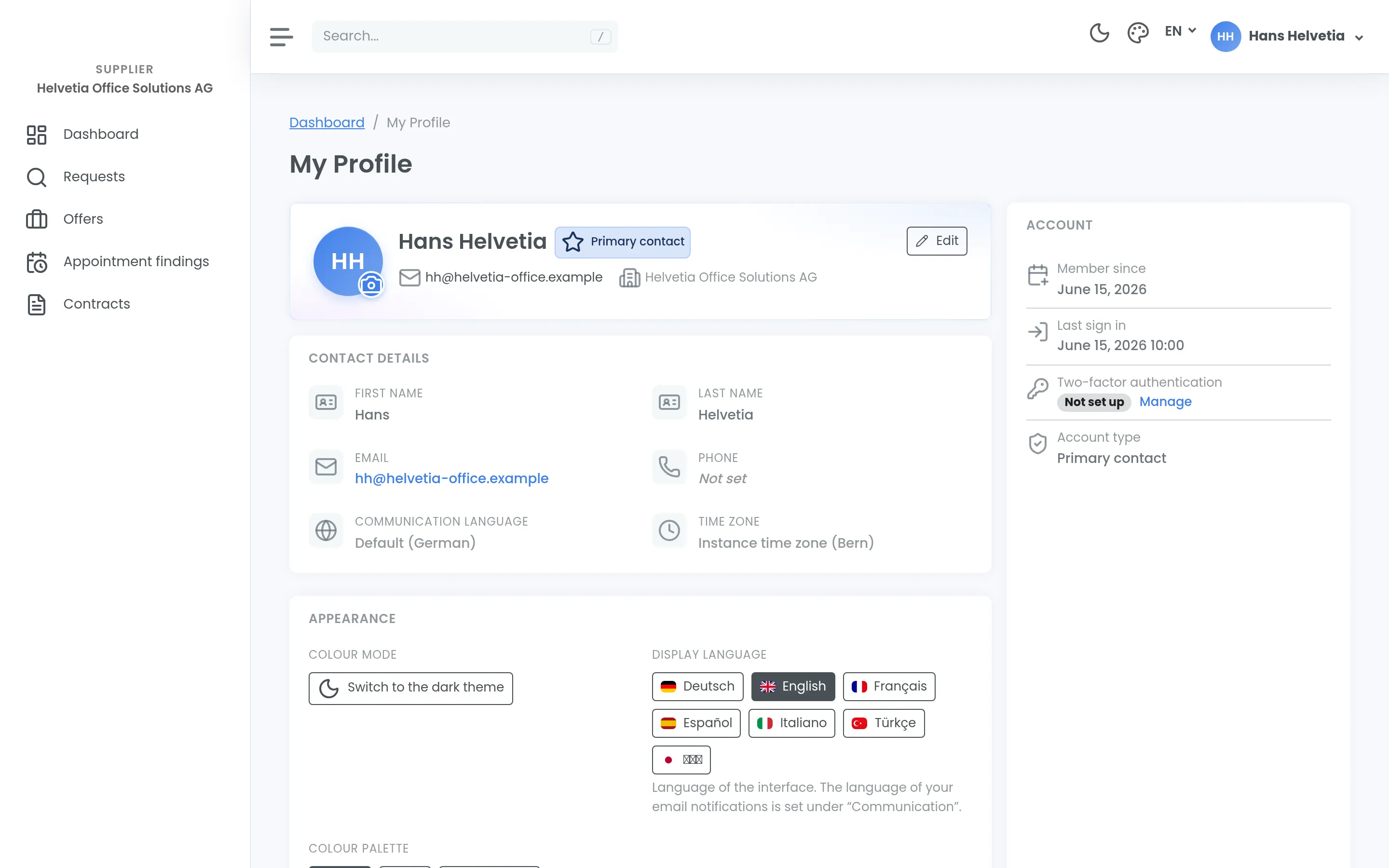 Your own profile with contact details, display language and the status of two-factor authentication.