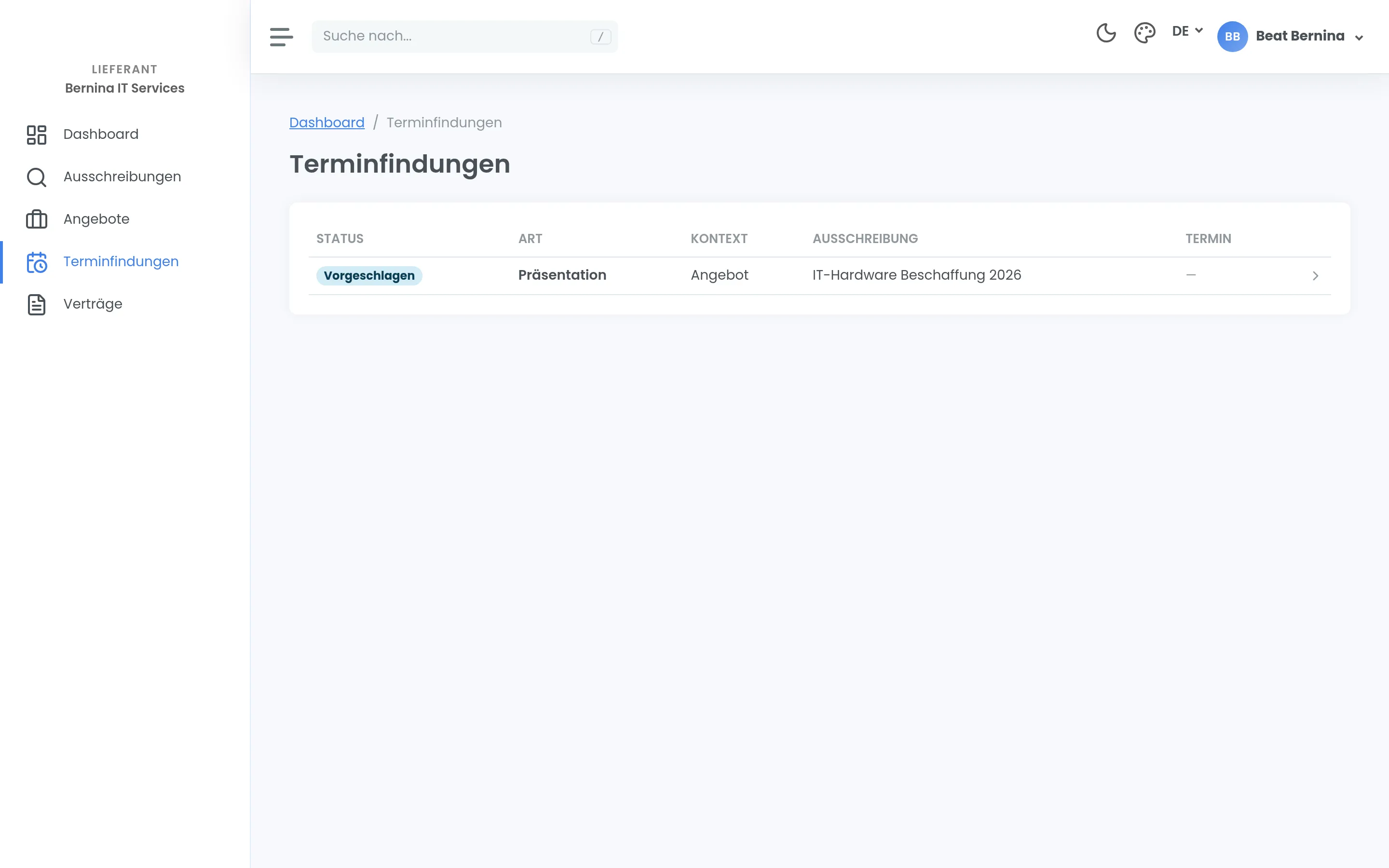 Die Liste der Terminfindungen mit einer vorgeschlagenen Präsentation zu einer Ausschreibung.