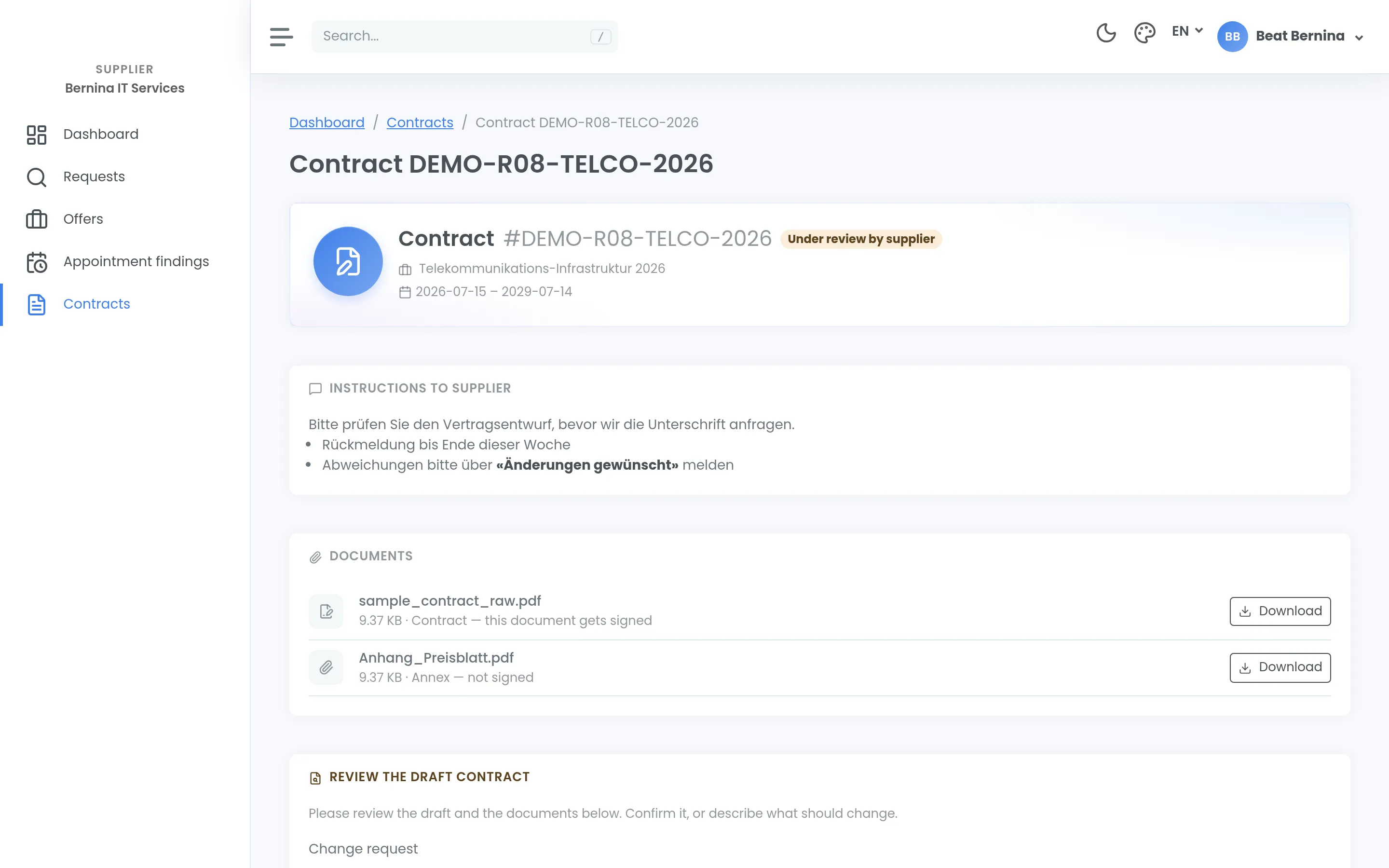A contract waiting for the supplier to review, with the instructions from procurement, the contract document and the field for a change request.