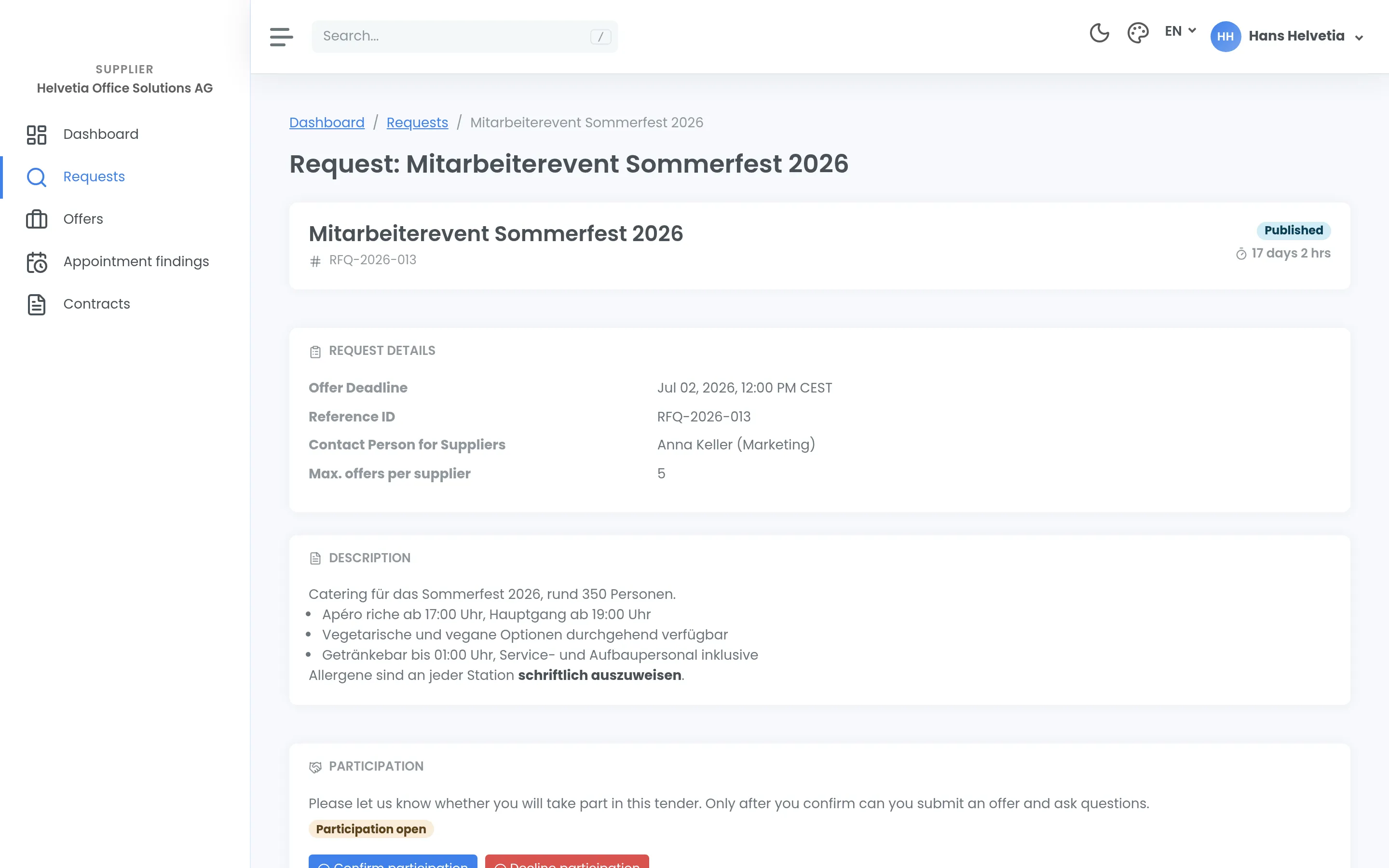 A tender you are invited to, with the offer deadline and description, and the buttons to confirm or decline participation.