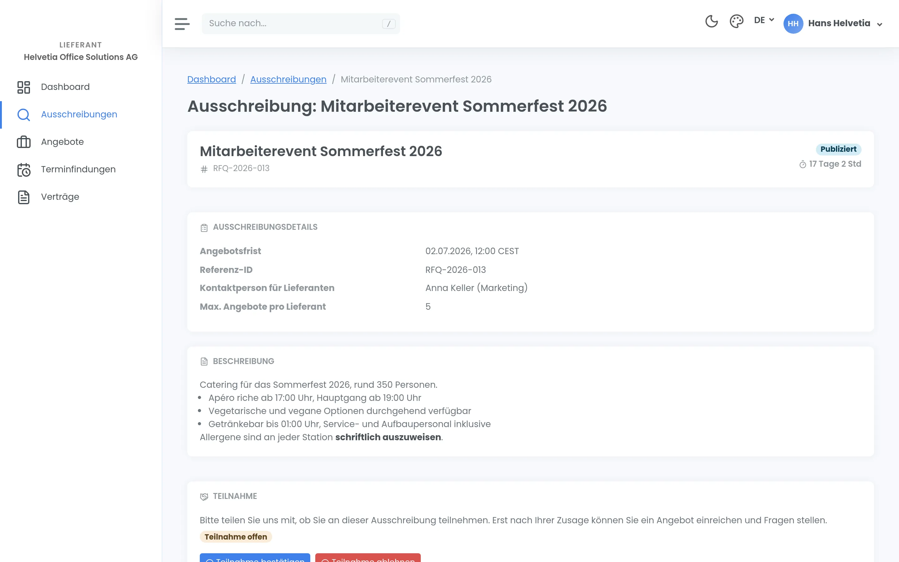 Eine Ausschreibung, zu der Sie eingeladen sind, mit Angebotsfrist und Beschreibung; darunter die Schaltflächen zum Bestätigen oder Ablehnen der Teilnahme.