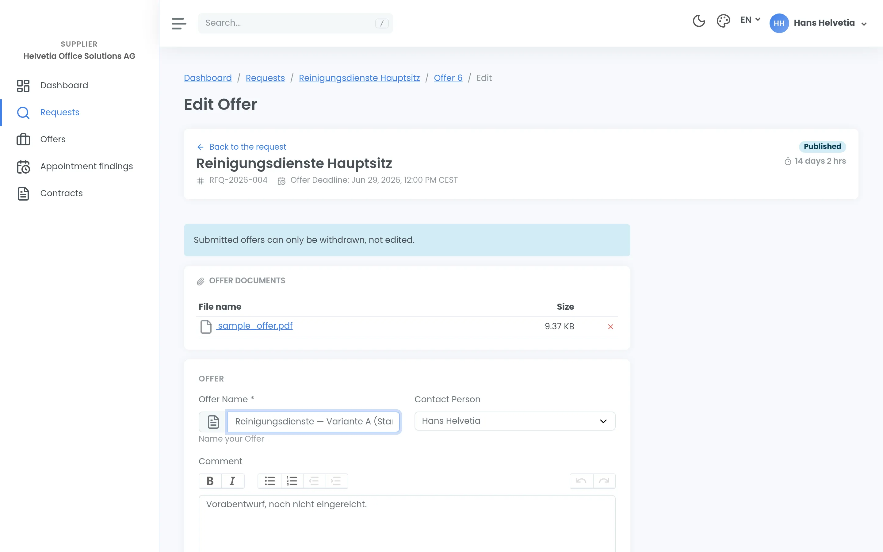 An offer in draft with uploaded documents, the name of the offer, contact person and comment.