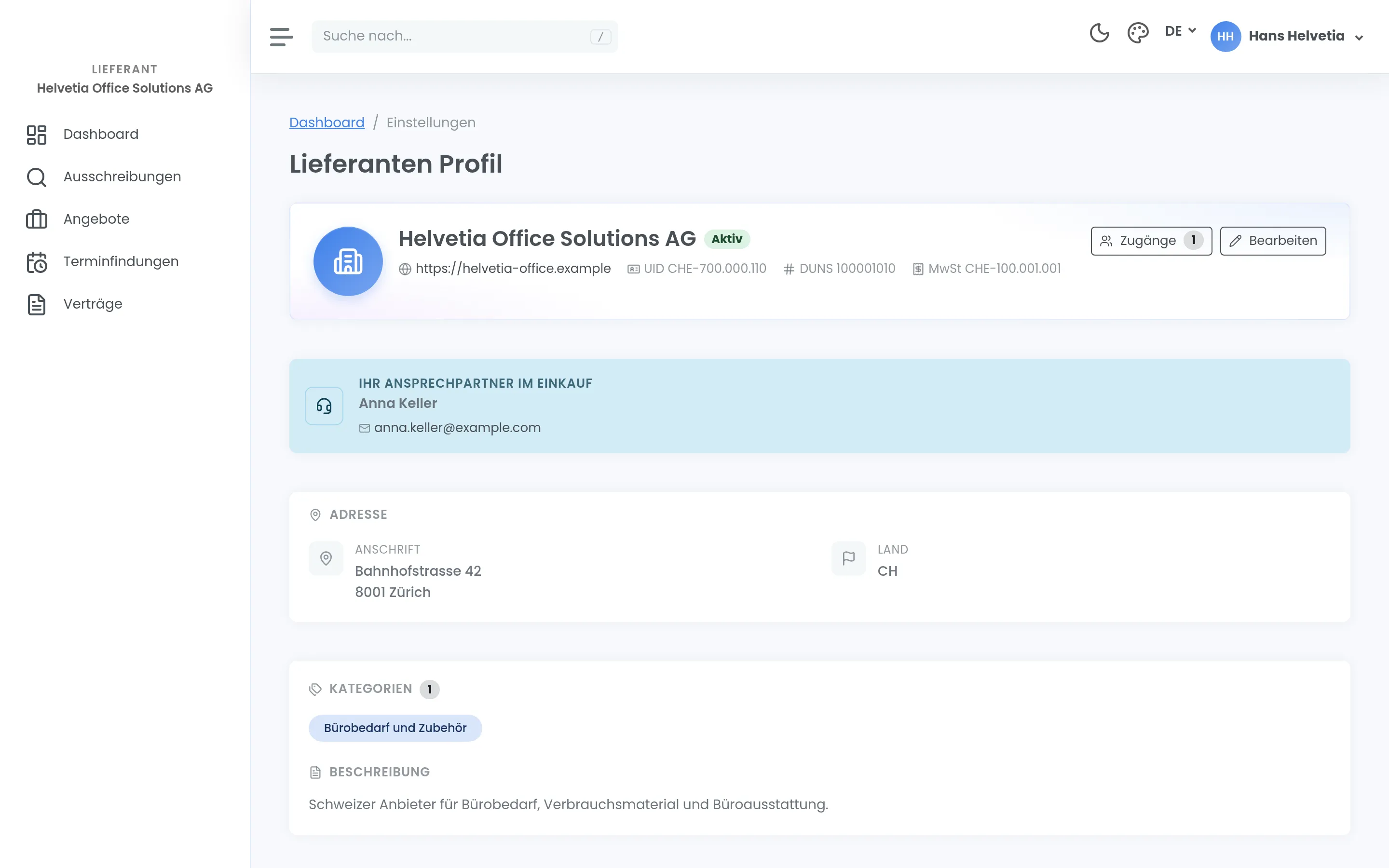 Das Firmenprofil mit Firmenname, Kennnummern, Ansprechpartner im Einkauf, Adresse und Kategorien.
