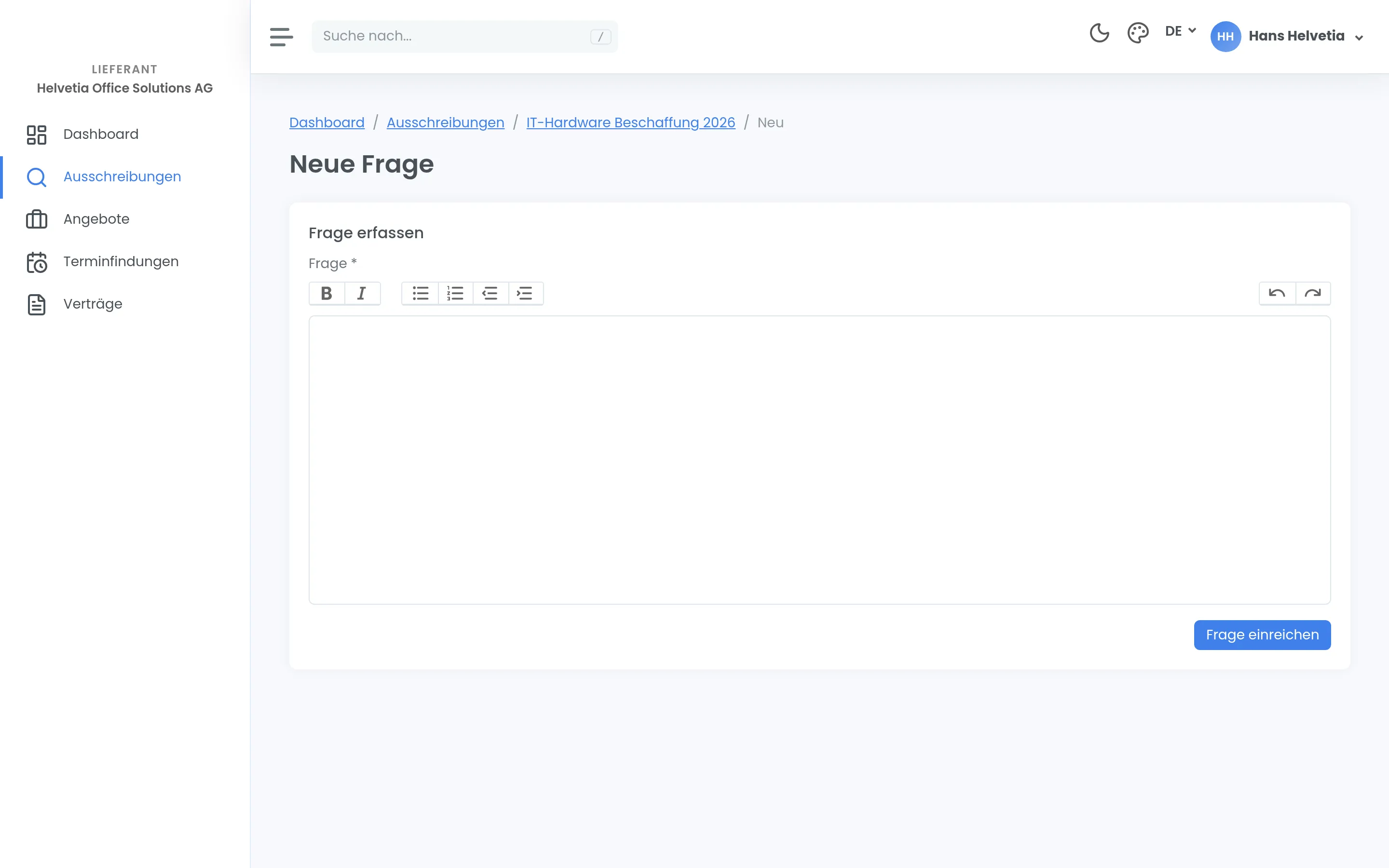 Das Formular «Neue Frage» zu einer Ausschreibung mit Textfeld und der Schaltfläche «Frage einreichen».