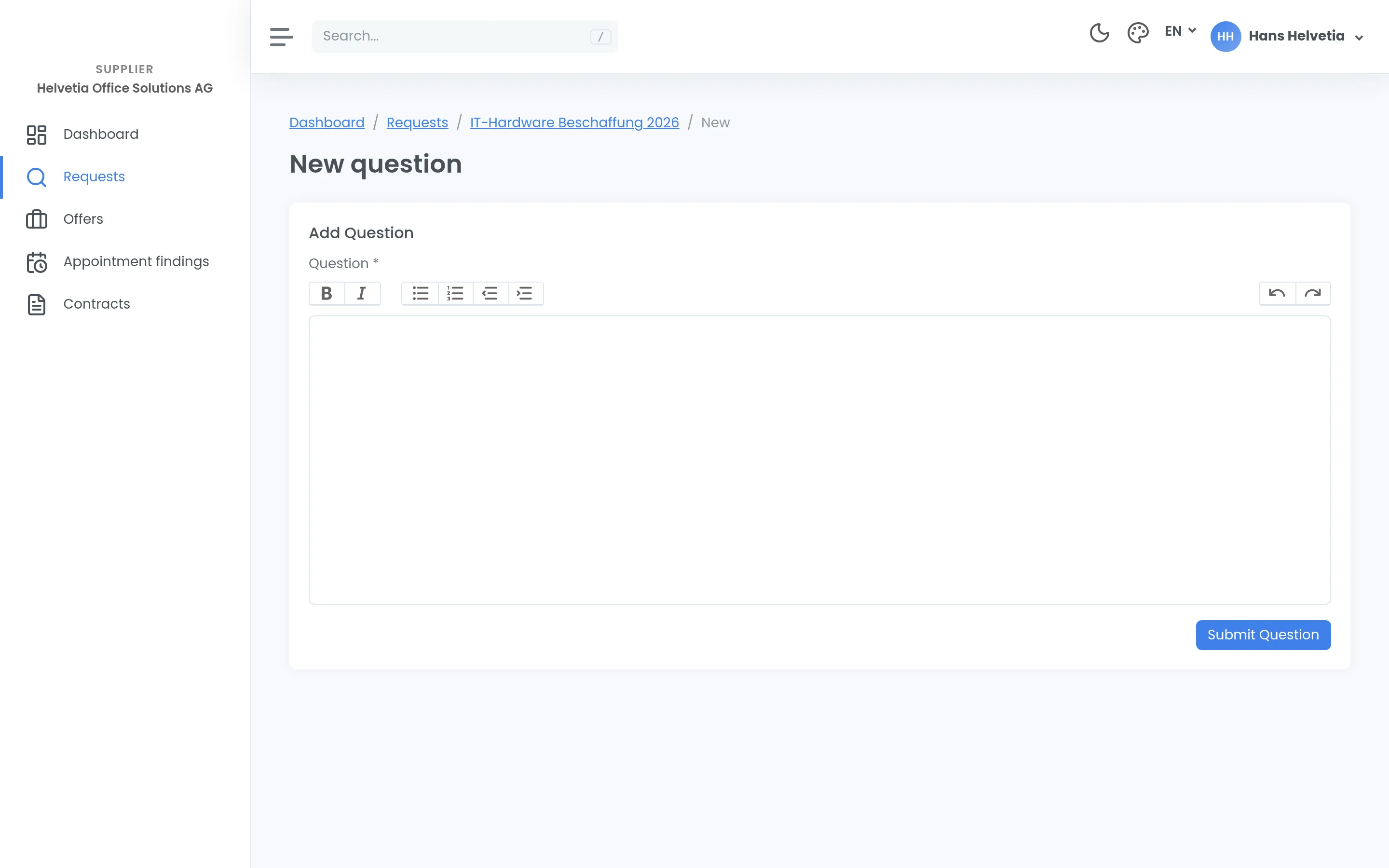 The form for a new question on a tender, with a text field and the button to submit it.