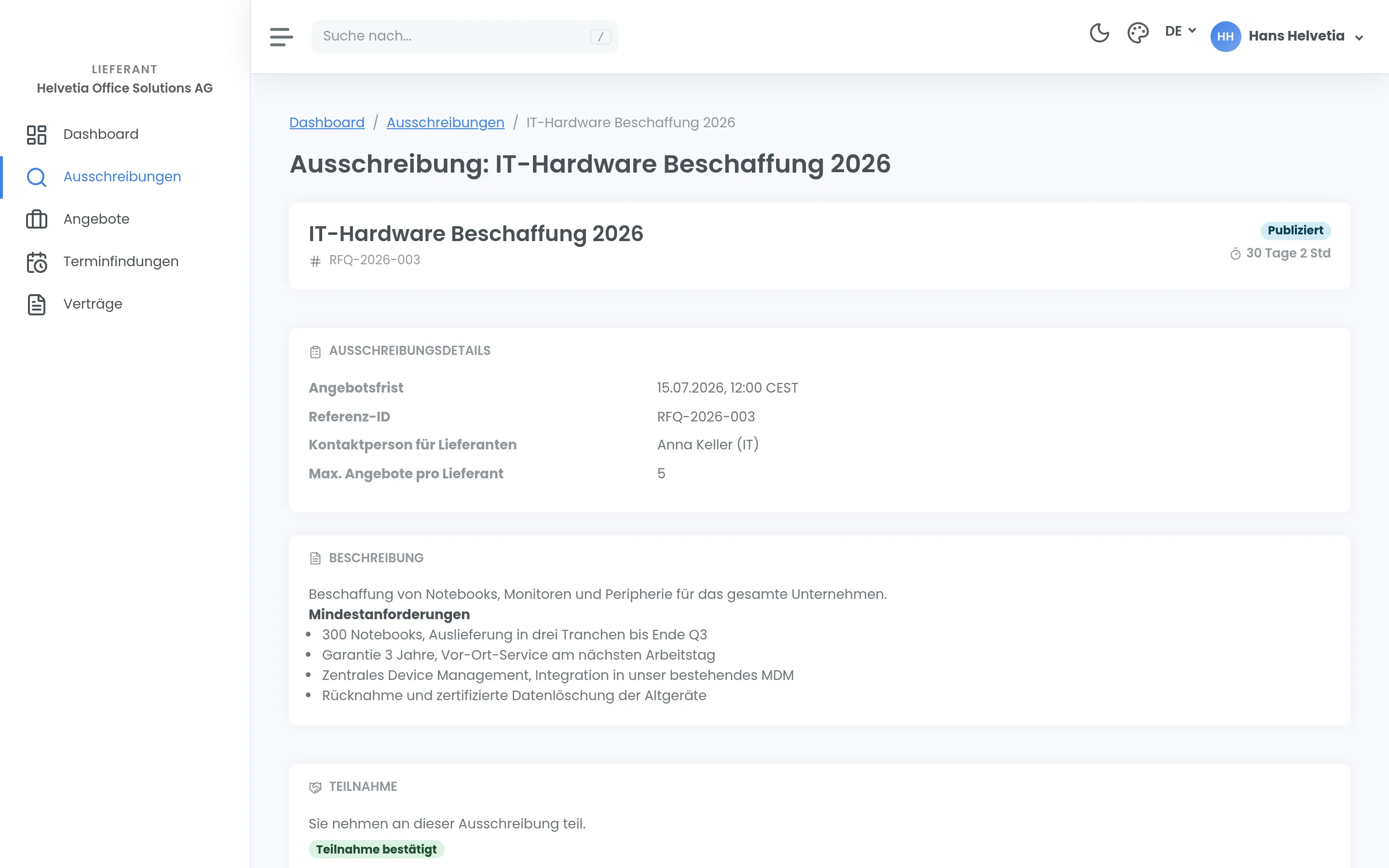 Eine Ausschreibung aus Sicht des Lieferanten mit Angebotsfrist, Kontaktperson, Beschreibung und der bestätigten Teilnahme.